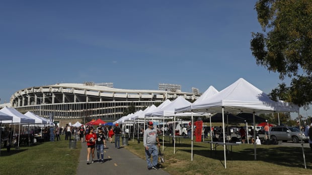 Oct 22, 2017; Washington, DC, USA; Fan tailgate outside Robert F. Kennedy Memorial Stadium prior to