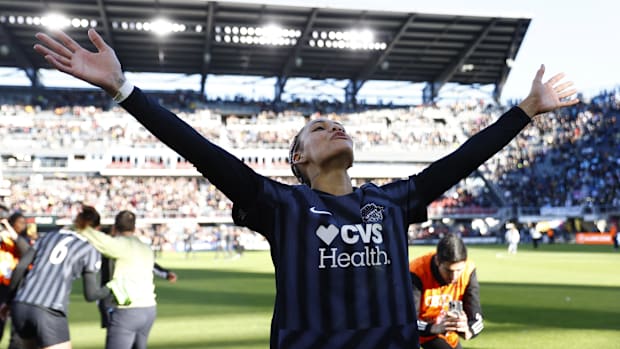 Trinity Rodman celebrates after defeating NJ/NY Gotham FC in a 2024 NWSL Playoffs semifinal match at Audi Field. 
