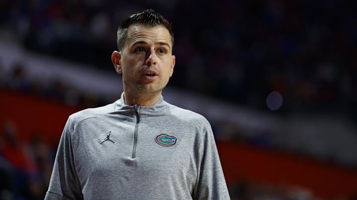 Mar 1, 2025; Gainesville, Florida, USA; Florida Gators head coach Todd Golden reacts to the game against the Texas A&M Aggies at Exactech Arena at the Stephen C. O'Connell Center. Mandatory Credit: Morgan Tencza-Imagn Images