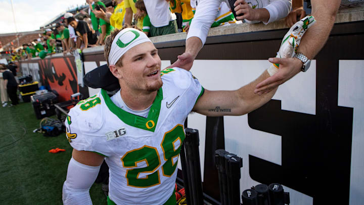 Oregon inside linebacker Bryce Boettcher celebrates with fans after the game as the Oregon State Beavers host the Oregon Ducks Saturday, Sept. 14, 2024 at Reser Stadium in Corvallis, Ore. Oregon inside linebacker Bryce Boettcher celebrates with fans after the game as the Oregon State Beavers host the Oregon Ducks Saturday, Sept. 14, 2024 at Reser Stadium in Corvallis, Ore.