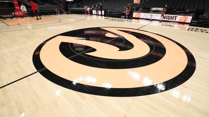 Jan 18, 2020; Atlanta, Georgia, USA; The Atlanta Hawks logo is shown during warm-ups on Peachtree Night before a game between the Atlanta Hawks and the Detroit Pistons at State Farm Arena. Mandatory Credit: Jason Getz-Imagn Images