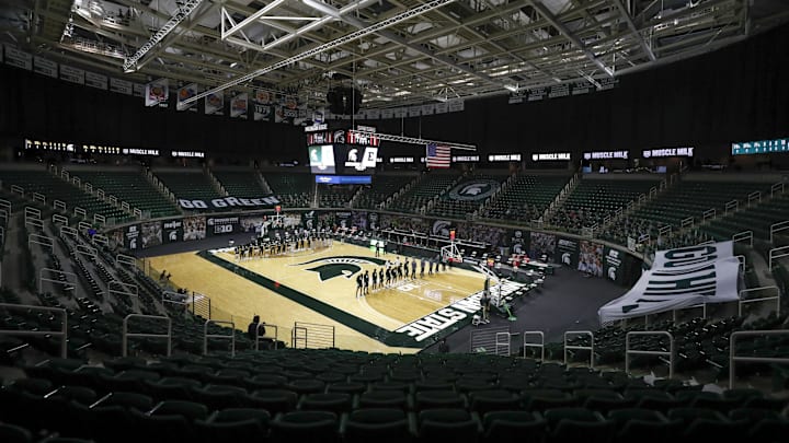Nov 25, 2020; East Lansing, Michigan, USA; Michigan State Spartans and Eastern Michigan Eagles stand on the court before a game at Jack Breslin Student Events Center. Mandatory Credit: Raj Mehta-Imagn Images Nov 25, 2020; East Lansing, Michigan, USA; Michigan State Spartans and Eastern Michigan Eagles stand on the court before a game at Jack Breslin Student Events Center. Mandatory Credit: Raj Mehta-Imagn Images