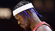Dec 8, 2024; Miami, Florida, USA;  Miami Heat forward Jimmy Butler's (22) looks on before the game against the Cleveland Cavaliers during the first half at Kaseya Center. Mandatory Credit: Rhona Wise-Imagn Images