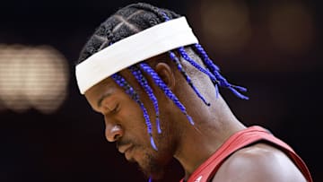Dec 8, 2024; Miami, Florida, USA;  Miami Heat forward Jimmy Butler's (22) looks on before the game against the Cleveland Cavaliers during the first half at Kaseya Center. Mandatory Credit: Rhona Wise-Imagn Images
