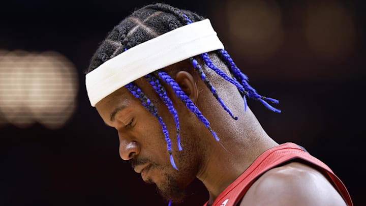 Dec 8, 2024; Miami, Florida, USA; Miami Heat forward Jimmy Butler's (22) looks on before the game against the Cleveland Cavaliers during the first half at Kaseya Center. Mandatory Credit: Rhona Wise-Imagn Images Dec 8, 2024; Miami, Florida, USA; Miami Heat forward Jimmy Butler's (22) looks on before the game against the Cleveland Cavaliers during the first half at Kaseya Center. Mandatory Credit: Rhona Wise-Imagn Images