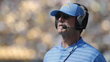 Sep 22, 2024; Pittsburgh, Pennsylvania, USA;  Los Angeles Chargers head coach Jim Harbaugh looks on from the sidelines during the second quarter against the Pittsburgh Steelers at Acrisure Stadium. Mandatory Credit: Charles LeClaire-Imagn Images