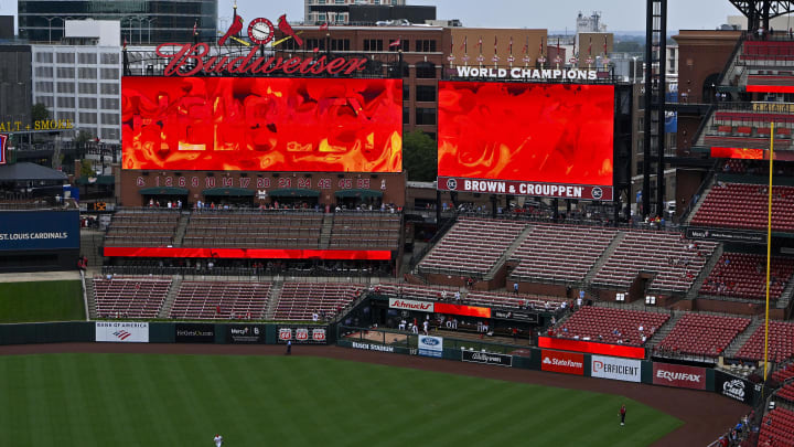 Aug 29, 2024; St. Louis, Missouri, USA; A general view as St. Louis Cardinals relief pitcher Ryan Helsley (56) enters the game against the San Diego Padres during the ninth inning at Busch Stadium. Mandatory Credit: Jeff Curry-USA TODAY Sports