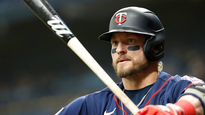 Sep 3, 2021; St. Petersburg, Florida, USA; Minnesota Twins third baseman Josh Donaldson (20) looks on while on deck to bat against the Tampa Bay Rays during the first inning at Tropicana Field. Mandatory Credit: Kim Klement-USA TODAY Sports