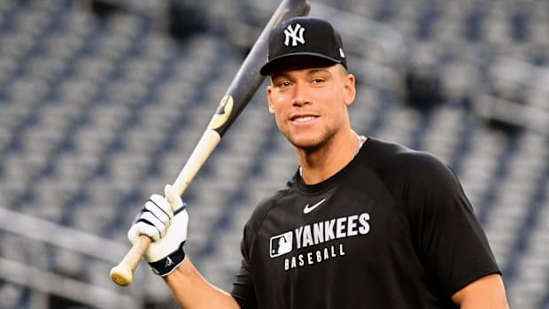 New York Yankees right fielder Aaron Judge takes batting practice during workouts at Rogers Centre.