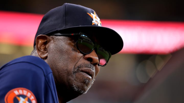 Aug 13, 2023; Houston, Texas, USA; Houston Astros manager Dusty Baker Jr. (12) watches the action from the dugout against the Los Angeles Angels during the second inning at Minute Maid Park