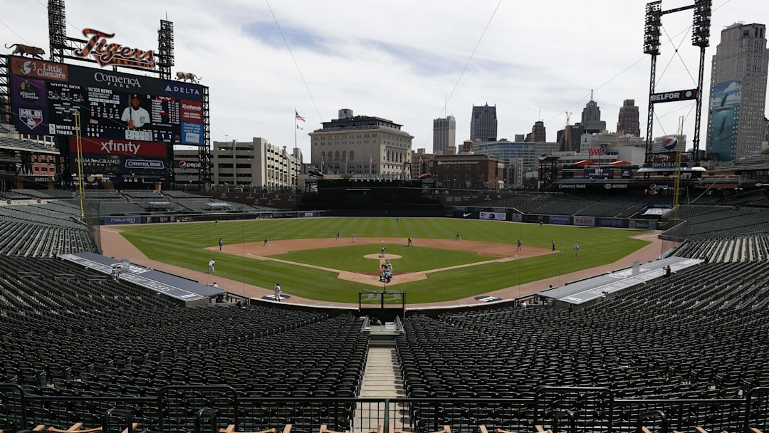 Aug 12, 2020; Detroit, Michigan, USA; A wide veiw from behind home plate as Chicago White Sox starting pitcher Dylan Cease (84) pitches to Detroit Tigers right fielder Victor Reyes (22) during the fourth inning at Comerica Park.