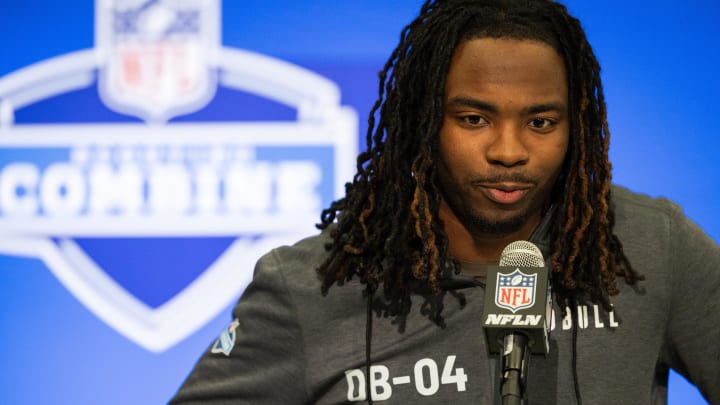 Feb 29, 2024; Indianapolis, IN, USA; Wake Forest defensive back Caelen Carson (DB04) talks to the media during the 2024 NFL Combine at Lucas Oil Stadium. 