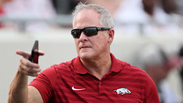 Aug 29, 2024; Little Rock, Arkansas, USA; Arkansas Razorbacks athletic director Hunter Yurachek prior to the game against the Pine Bluff Golden Lions at War Memorial Stadium. Mandatory Credit: Nelson Chenault-Imagn Images