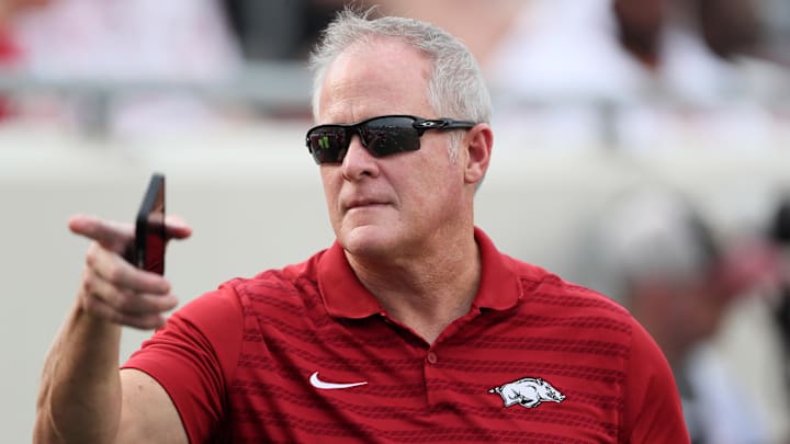 Aug 29, 2024; Little Rock, Arkansas, USA; Arkansas Razorbacks athletic director Hunter Yurachek prior to the game against the Pine Bluff Golden Lions at War Memorial Stadium. Mandatory Credit: Nelson Chenault-Imagn Images