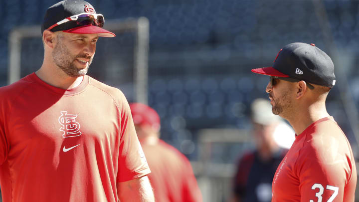 Jul 2, 2024; Pittsburgh, Pennsylvania, USA;  St. Louis Cardinals first baseman Paul Goldschmidt (left) and manager Oliver Marmol (37) talk during batting practice against the Pittsburgh Pirates at PNC Park. Mandatory Credit: Charles LeClaire-USA TODAY Sports