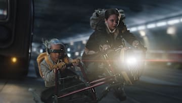 (L-R): KB (Kyriana Kratter) and Fern (Ryan Kiera Armstrong) on hoverbikes in Lucasfilm's STAR WARS: SKELETON CREW, exclusively on Disney+. Photo by Matt Kennedy. ©2024 Lucasfilm Ltd. & TM. All Rights Reserved.