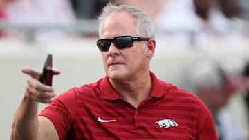 Aug 29, 2024; Little Rock, Arkansas, USA; Arkansas Razorbacks athletic director Hunter Yurachek prior to the game against the Pine Bluff Golden Lions at War Memorial Stadium. Mandatory Credit: Nelson Chenault-Imagn Images
