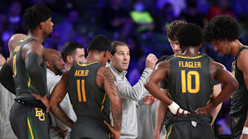 Nov 25, 2021; Nassau, BHS;  Baylor Bears head coach Scott Drew speaks to his players against the