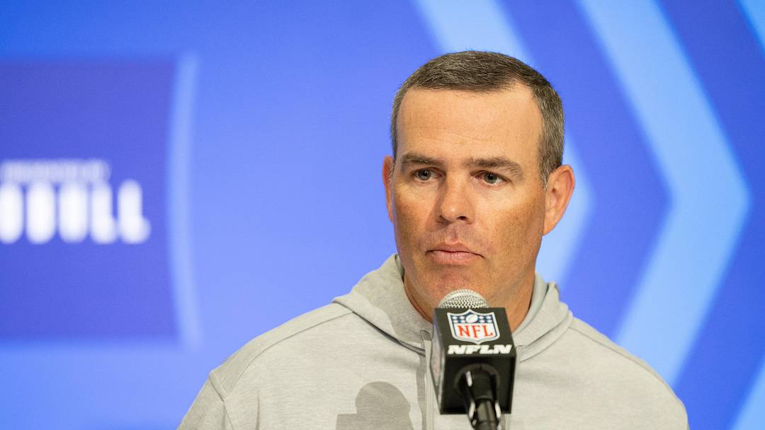 Feb 27, 2024; Indianapolis, IN, USA; Buffalo Bills general manager Brandon Beane talks to the media at the 2024 NFL Combine at Indiana Convention Center. Mandatory Credit: Trevor Ruszkowski-Imagn Images