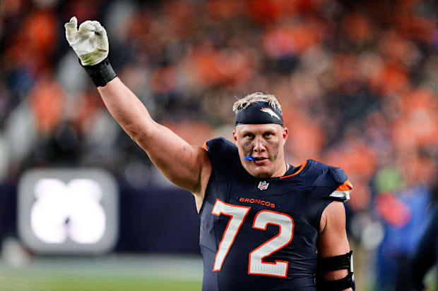 Denver Broncos offensive tackle Garett Bolles (72) celebrates after the game against the Cincinnati Bengals.