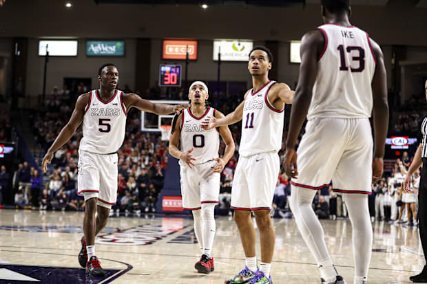 Gonzaga's Emmanuel Innocenti (5), Ryan Nembhard (0), Nolan Hickman (11) and Graham Ike (13).