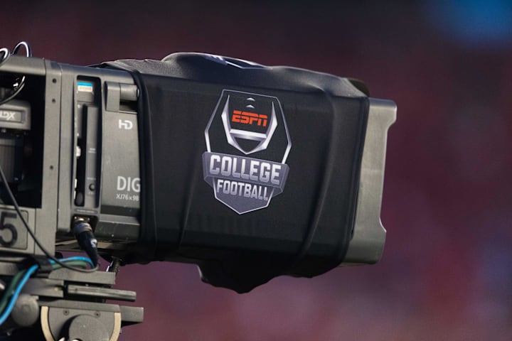 ESPN College Football logo on a tv camera prior to the game between the Western Kentucky Hilltoppers and Wisconsin Badgers 