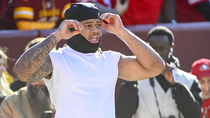 Dec 31, 2023; Landover, Maryland, USA; San Francisco 49ers defensive tackle Javon Kinlaw (99) on the field against the Washington Commanders before the game at FedExField. Mandatory Credit: Brad Mills-USA TODAY Sports