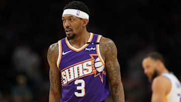 Apr 8, 2025; Phoenix, Arizona, USA; Phoenix Suns guard Bradley Beal (3) reacts during the first half against the Golden State Warriors at Footprint Center. Mandatory Credit: Mark J. Rebilas-Imagn Images