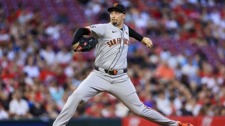 Aug 2, 2024; Cincinnati, Ohio, USA; San Francisco Giants starting pitcher Blake Snell (7) pitches against the Cincinnati Reds in the first inning at Great American Ball Park. 