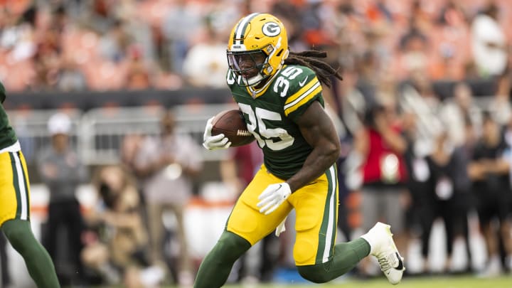 Green Bay Packers running back Jarveon Howard (35) runs the ball against the Cleveland Browns on Aug. 10.