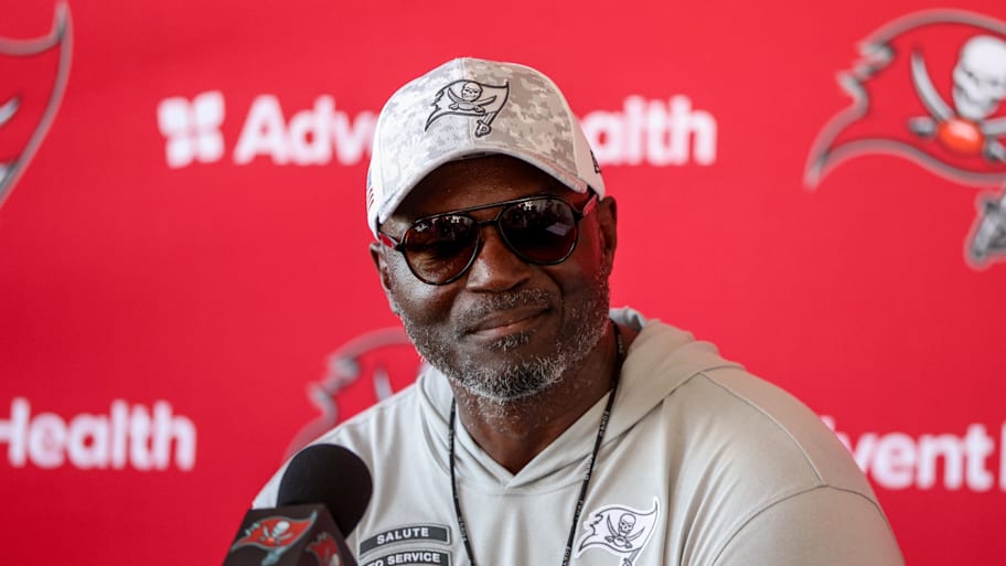 Tampa Bay Buccaneers head coach Todd Bowles talks to media after training camp. | Nathan Ray Seebeck-Imagn Images