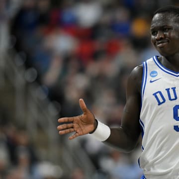 Mar 21, 2025; Raleigh, NC, USA; Duke Blue Devils center Khaman Maluach (9) celebrates during the first half against the Mount St. Mary's Mountaineers in the first round of the NCAA Tournament at Lenovo Center. Mandatory Credit: Zachary Taft-Imagn Images