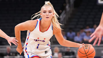 Indiana All-Star Chloe Spreen (1) rushes up the court Saturday, June 8, 2024, during the girls seniors All-Star game at Gainbridge Fieldhouse in Indianapolis. Indiana All-Stars defeated the Kentucky All-Stars.