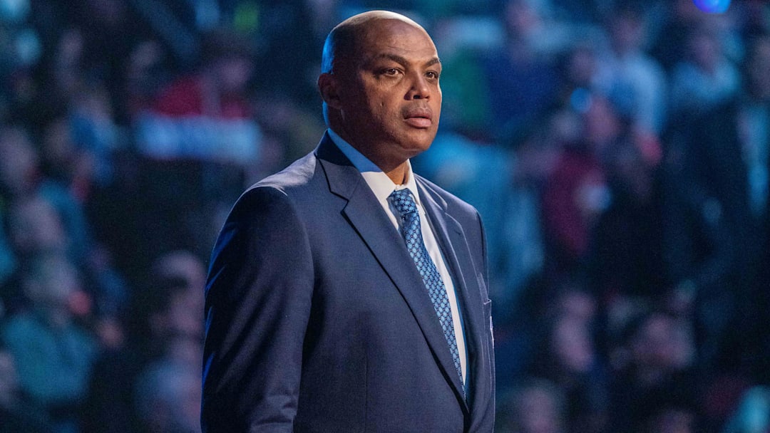 February 20, 2022; Cleveland, Ohio, USA; NBA great Charles Barkley is honored for being selected to the NBA 75th Anniversary Team during halftime in the 2022 NBA All-Star Game at Rocket Mortgage FieldHouse. Mandatory Credit: Kyle Terada-Imagn Images
