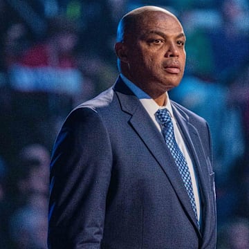 February 20, 2022; Cleveland, Ohio, USA; NBA great Charles Barkley is honored for being selected to the NBA 75th Anniversary Team during halftime in the 2022 NBA All-Star Game at Rocket Mortgage FieldHouse. Mandatory Credit: Kyle Terada-Imagn Images