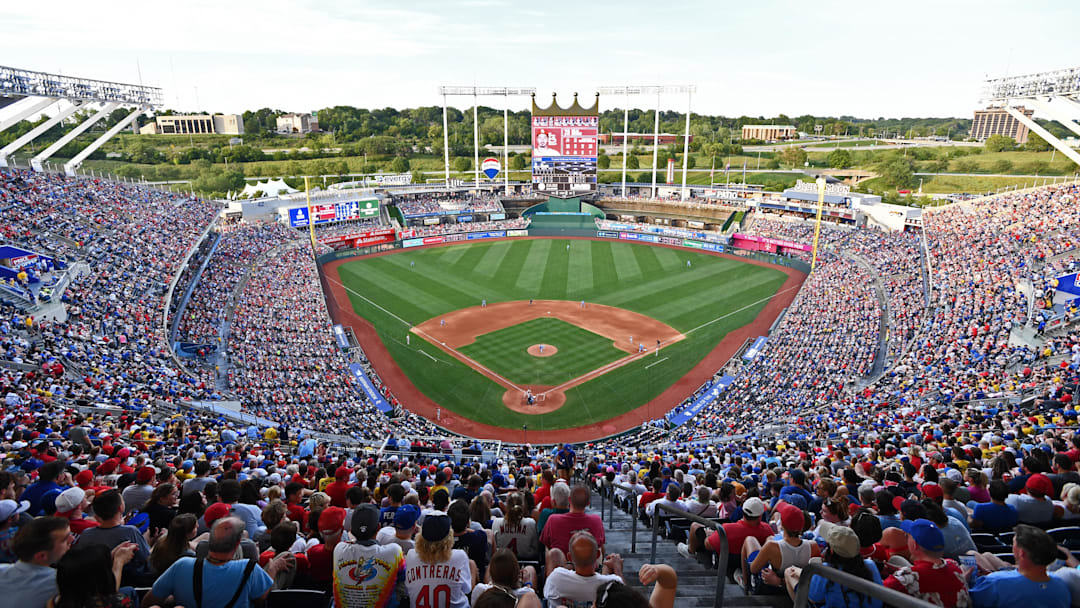 Aug 12, 2023; Kansas City, Missouri, USA;  A general view of Kauffman Stadium in the fifth inning during a game between the Kansas City Royals and St. Louis Cardinals. Mandatory Credit: Peter Aiken-Imagn Images