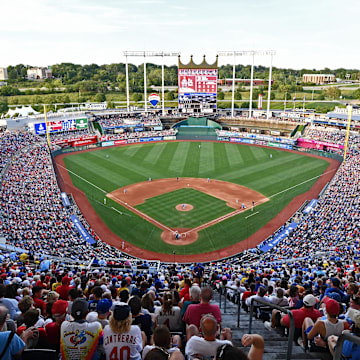 Aug 12, 2023; Kansas City, Missouri, USA;  A general view of Kauffman Stadium in the fifth inning during a game between the Kansas City Royals and St. Louis Cardinals. Mandatory Credit: Peter Aiken-Imagn Images