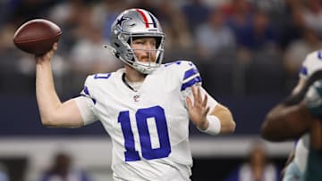 Nov 10, 2024; Arlington, Texas, USA; Dallas Cowboys quarterback Cooper Rush (10) throws a pass against the Philadelphia Eagles in the third quarter at AT&T Stadium.