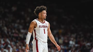 Feb 22, 2025; Tuscaloosa, Alabama, USA; Alabama Crimson Tide guard Mark Sears (1) during the first half against the Kentucky Wildcats at Coleman Coliseum. Mandatory Credit: Will McLelland-Imagn Images