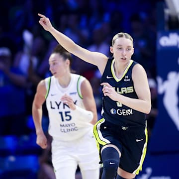 May 16, 2025; Arlington, Texas, USA; Dallas Wings guard Paige Bueckers (5) reacts after scoring against the Minnesota Lynx during the first half at College Park Center. Mandatory Credit: Kevin Jairaj-Imagn Images