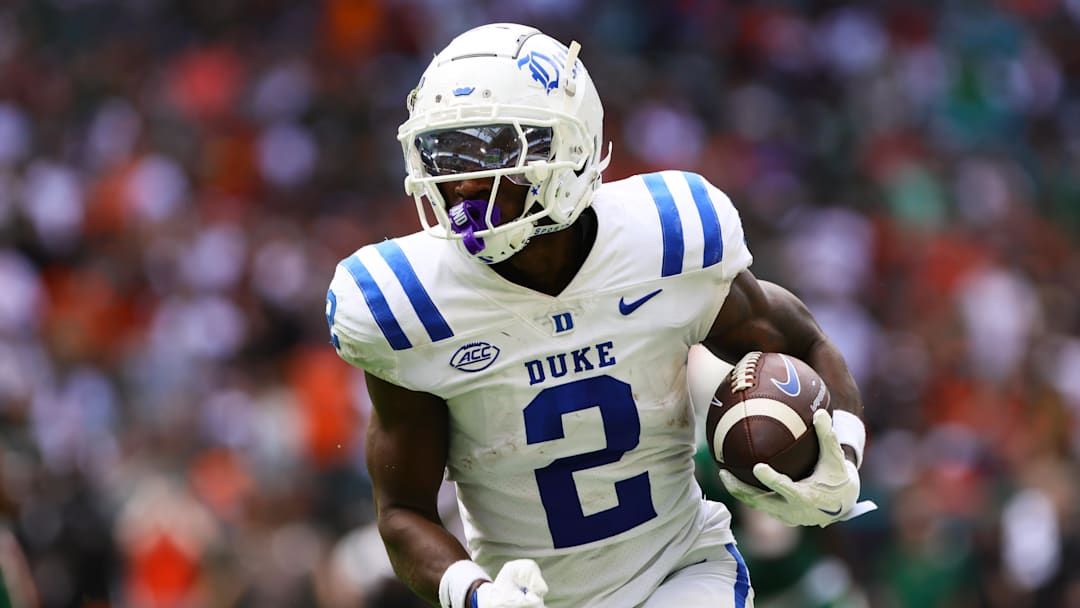 Nov 2, 2024; Miami Gardens, Florida, USA; Duke Blue Devils wide receiver Sahmir Hagans (2) runs with the football for a touchdown against the Miami Hurricanes.