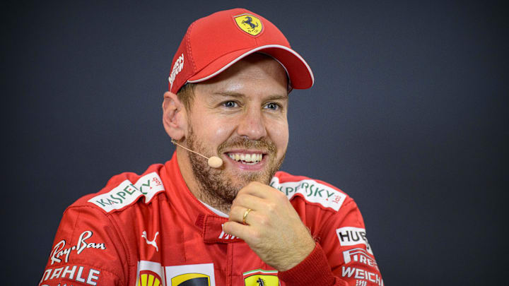 Nov 2, 2019; Austin, TX, USA; Scuderia Ferrari Mission Winnow driver Sebastian Vettel (5) of Germany speaks to the media after qualifying for the United States Grand Prix at Circuit of the Americas. Mandatory Credit: Jerome Miron-Imagn Images