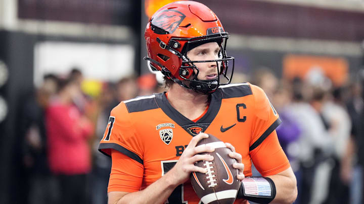 Sep 29, 2023; Corvallis, Oregon, USA; Oregon State Beavers quarterback Ben Gulbranson (17) warms up before the game against the Utah Utes  at Reser Stadium. Mandatory Credit: Soobum Im-USA TODAY Sports