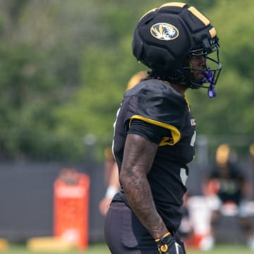 Aug 6, 2025; Columbia, MO, USA; Missouri Tigers wide receiver Kevin Coleman Jr. (3) awaits a punt during a fall camp practice at Mizzou Athletic Training Complex.