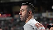 San Francisco Giants pitcher Justin Verlander (35) watches from the dugout after pitching 7 innings against the Arizona Diamondbacks at Chase Field. 