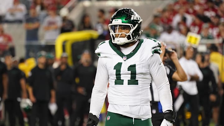 Sep 9, 2024; Santa Clara, California, USA; New York Jets linebacker Jermaine Johnson (11) waits for play to resume during the fourth quarter against the San Francisco 49ers at Levi's Stadium. Mandatory Credit: David Gonzales-Imagn Images