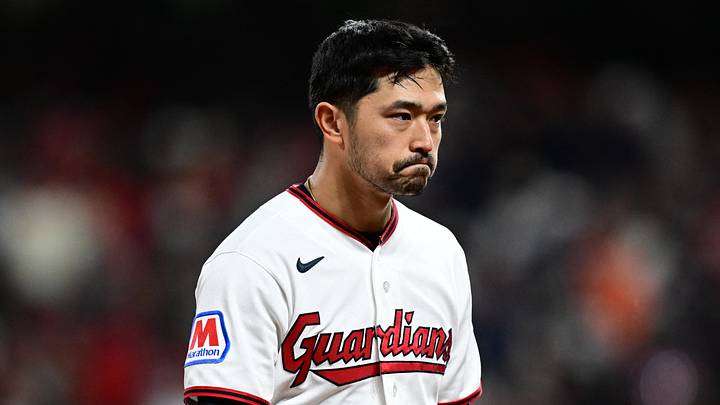 Cleveland Guardians outfielder Steven Kwan (38) reacts