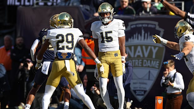 Notre Dame celebrates an interception against Nav