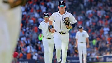 Oct 9, 2024; Detroit, Michigan, USA; Detroit Tigers first baseman Spencer Torkelson (20) heads to the dugout after the third inning during game three of the ALDS for the 2024 MLB Playoffs at Comerica Park. Mandatory Credit: David Reginek-Imagn Images