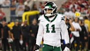 Sep 9, 2024; Santa Clara, California, USA; New York Jets linebacker Jermaine Johnson (11) waits for play to resume during the fourth quarter against the San Francisco 49ers at Levi's Stadium. 